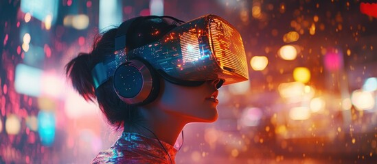 Woman wearing VR headset exploring a virtual world amidst a cityscape with neon lights.
