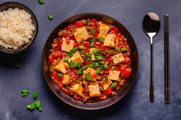 Mapo tofu, tofu in spicy mincemeat sauce.