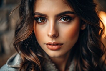 A deep, emotional portrait. The face of a young brunette girl without makeup, with expressive eyes, curly hair. Natural female beauty.
