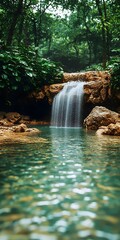 A small waterfall cascades into a serene pool of water, surrounded by lush greenery.  The sunlight filters through the trees, creating a magical atmosphere.