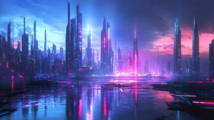 Obraz premium Futuristic Cityscape with Neon Lights Reflecting in Water