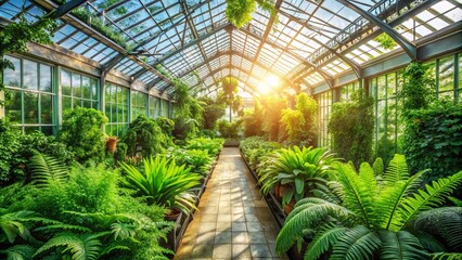 A sunlit path leads through a vibrant greenhouse, showcasing lush greenery and the beauty of nature thriving within an enclosed space.