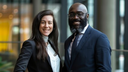 Fototapeta premium Photo of two happy diverse professional people, smiling at the camera, wearing a business suit dressed in a grey. multi ethnic business couple posing arms crossed copy space and new isolated