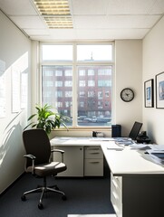 A bright office space with a desk, chair, plant, and large window overlooking a building.