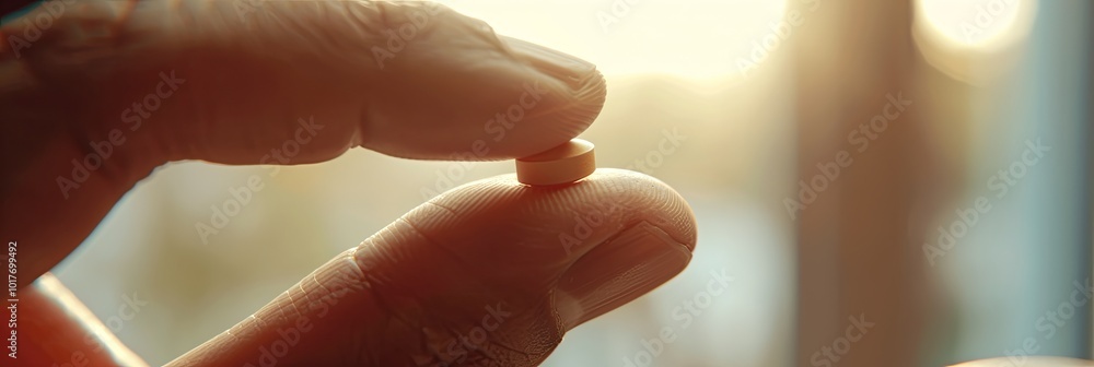 Poster a hand gently holds a small pill, illuminated by warm sunlight filtering through a window at dawn, s