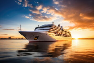 Luxury cruise ship sailing to port on sunrise