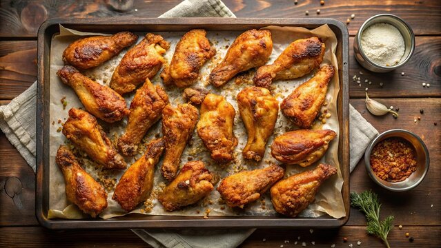 A Rustic Presentation of Crispy, Golden-Brown Chicken Wings on a Baking Sheet with Aromatic Seasonings