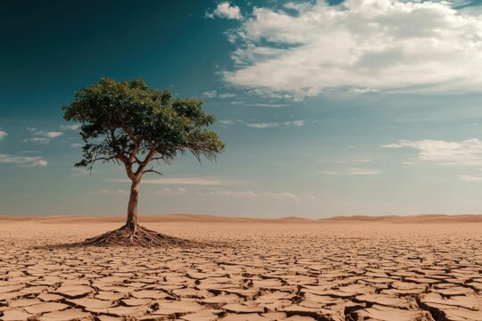 A lone tree standing in a barren landscape, surrounded by cracked dyr soil, with blank space for text in the sky. A powerful visual for ads promoting global warming and desertification awareness