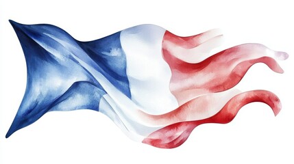 Fototapeta premium A beautifully flowing watercolor representation of the French flag, showcasing the blue, white, and red hues in a dynamic style.