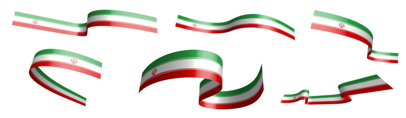 Set of holiday ribbons. Republic of Iran flag waving in wind. Separation into lower and upper layers. Design element. Vector on white background