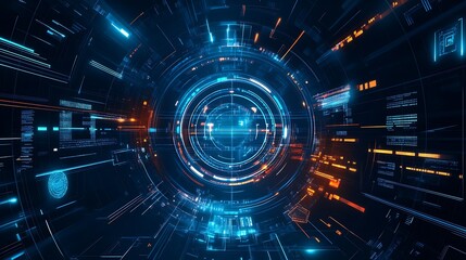 Obraz premium Abstract futuristic digital tunnel with glowing lines and circles in blue and orange.