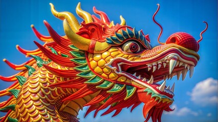Fototapeta premium Colorful dragon head sculpture, vibrant and majestic, ideal for Lunar New Year celebrations, clear blue sky