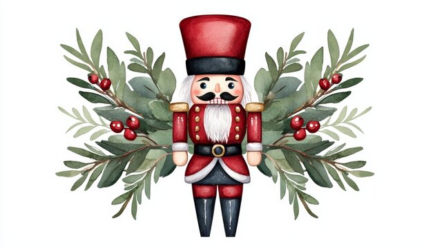 recommend clip art: A festive nutcracker soldier with holly leaves on a white background, perfect for holiday decorations.
