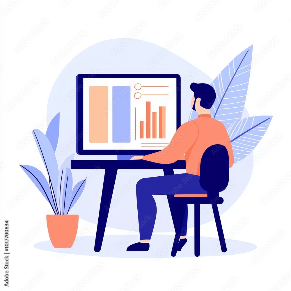 Poster a man working at a computer, analyzing data with graphs and charts, surrounded by plants.