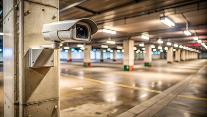 A security camera mounted on a concrete pillar overlooking an empty parking garage with a soft, warm glow from fluorescent lights reflecting off the polished concrete floor.