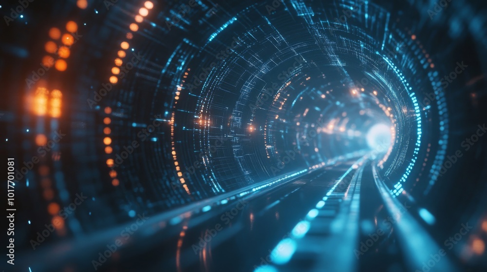 Poster abstract tunnel with glowing lights and digital patterns