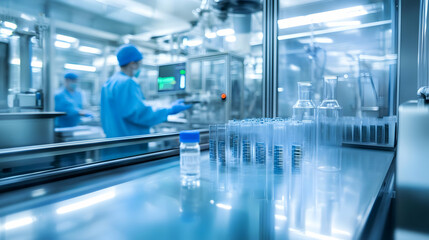 Fototapeta premium Pharmaceutical Production Line with Glass Bottles and Test Tubes.