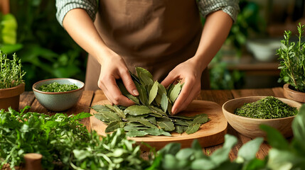 Woman's hands arranging bay leaves on a wooden board.