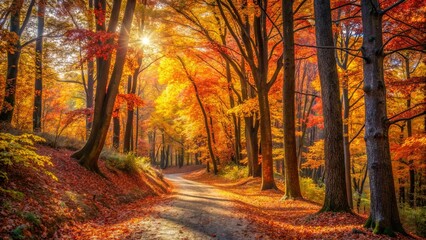 A sun-drenched path winds through a vibrant autumn forest, golden and red leaves carpeting the ground, with sunlight filtering through the trees creating a magical ambiance.
