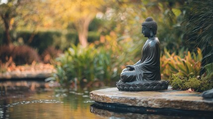 Serene Buddha statue by tranquil garden pond