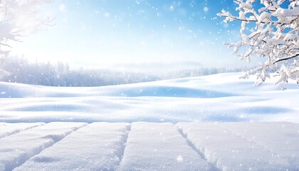 Obraz premium Wooden plank in front of snowy winter landscape. Made with generative AI technology