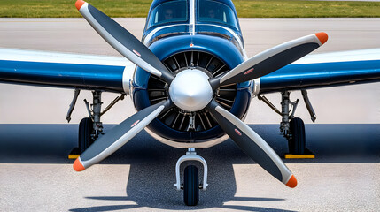 Close-up of a Blue and White Airplane with Propellers.