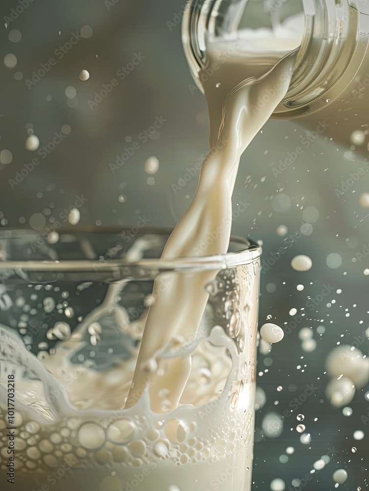 Aufkleber fresh milk is being poured into a glass, creating splashes and bubbles in a cozy kitchen atmosphere 