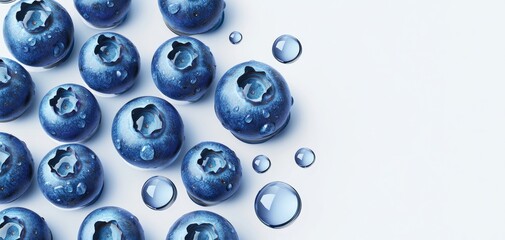 Fresh blueberries with water droplets on a white background, showcasing their rich color and texture.
