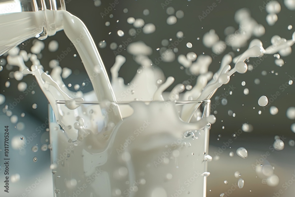 Poster Fresh milk is being poured into a glass, causing splashes and droplets to scatter in a sunny kitchen atmosphere. Generative AI