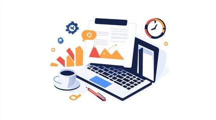 Stylish workspace with laptop, coffee cup, pen, and graphics for productive environment.