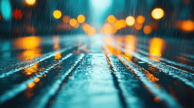 Rainy night city street scene with deep depth of field wet reflective pavement blurred vehicle lights and atmospheric illumination - Powered by Adobe