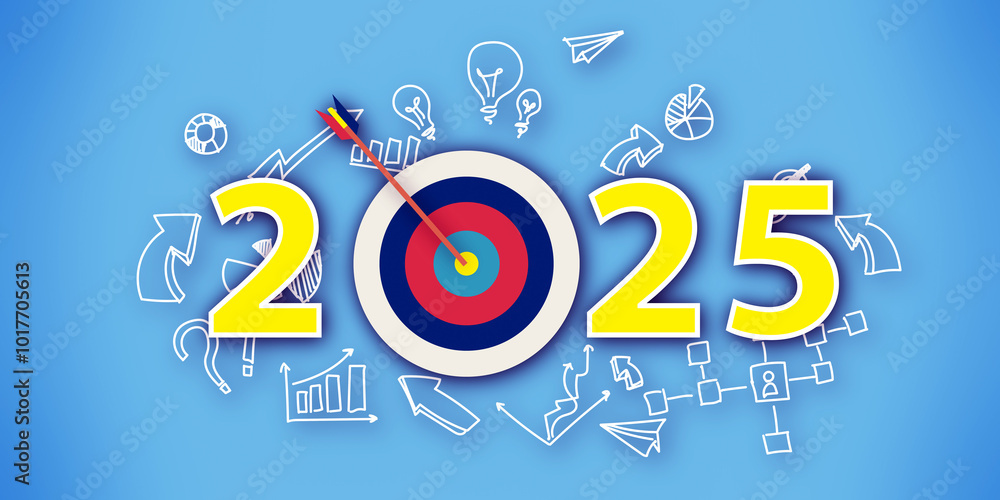 Aufkleber 2025 year goal planning sketch on blue background. countdown and 2025 business planning. happy new y