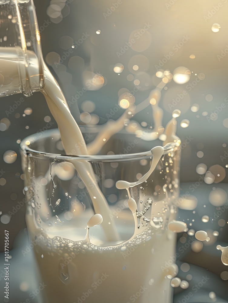 Aufkleber a stream of milk cascades into a glass, creating splashes as sunlight enhances the refreshing moment