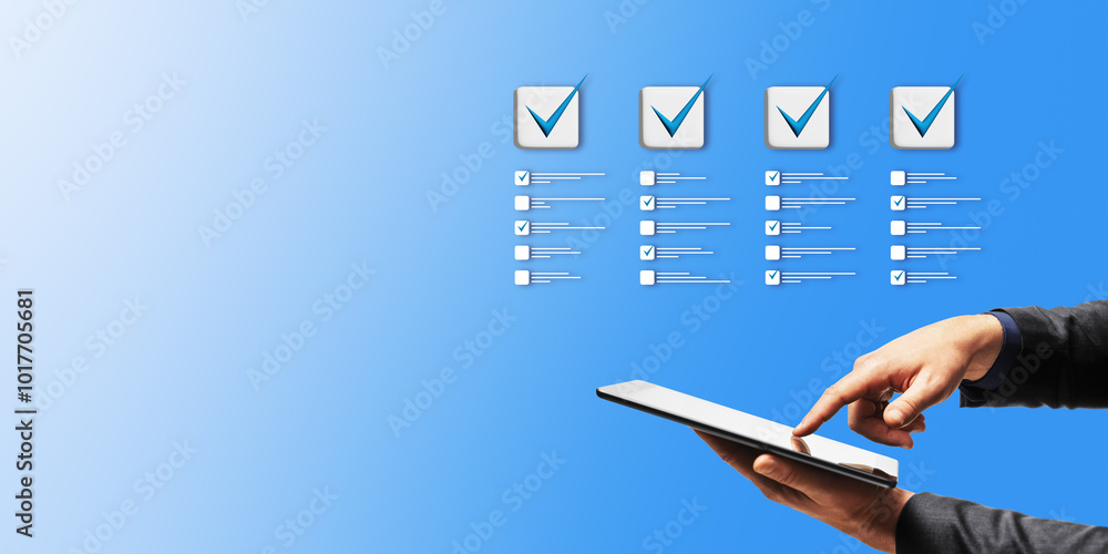 Poster close up of male hand using cellphone with creative four to do lists with checkmarks on blue backdro