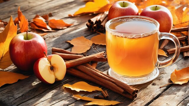 Cozy cider on a rustic table, adorned with autumn leaves, perfect for a seasonal vibe. AI-generated	