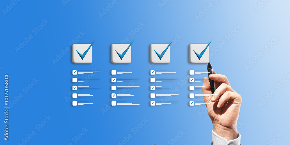 Poster close up of male hand using creative four to do lists with checkmarks on blue background. quality co