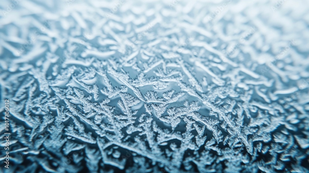 Poster close up of an icy window with intricate patterns and crystalline textures created by the freezing r