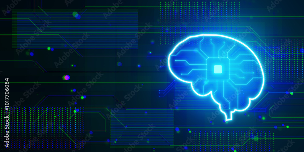 Aufkleber Abstract glowing blue circuit digital brain hologram on blurry background with mock up place. Artificial intelligence and innovation concept. 3D Rendering.