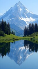 A majestic mountain peak reflects perfectly in the still waters of a serene alpine lake, surrounded by lush greenery.