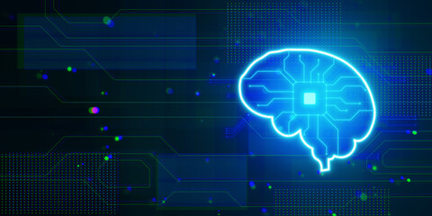Abstract glowing blue circuit digital brain hologram on blurry background with mock up place. Artificial intelligence and innovation concept. 3D Rendering.