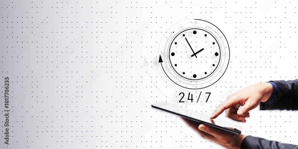 Poster close up of male hand using phone with digital clock sketch on white background with mock up place. 