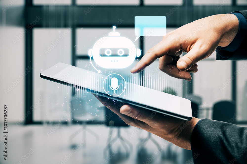 Poster close up of businessman hand using tablet with glowing robot head on blurry office interior backgrou