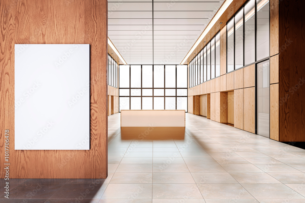 Poster contemporary wooden office corridor interior with reception desk, panoramic windows and city view, b