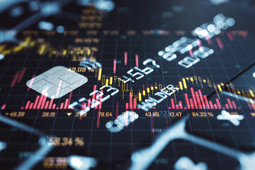 Close up of bank card with forex chart on laptop computer keyboard background. Online banking and economic recession concept. Double exposure.