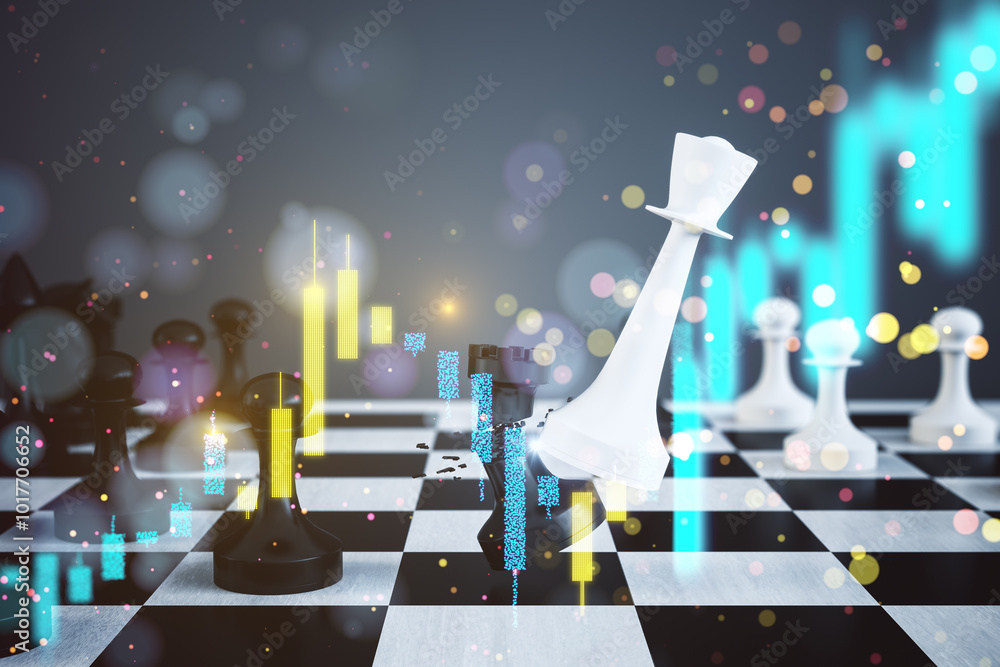 Poster creative chessboard with glowing growing candlestick forex chart on blurry gray bokeh background. st