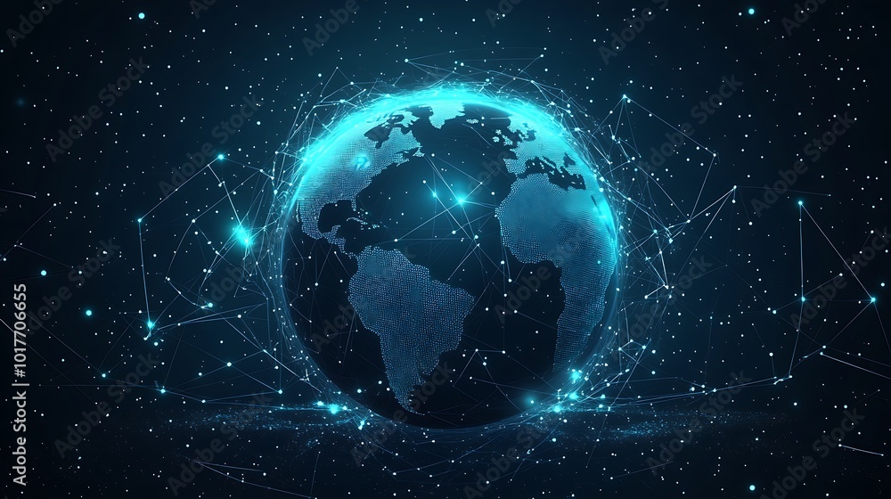 Aufkleber a digital rendering of the earth surrounded by glowing lines and points of light, representing the i