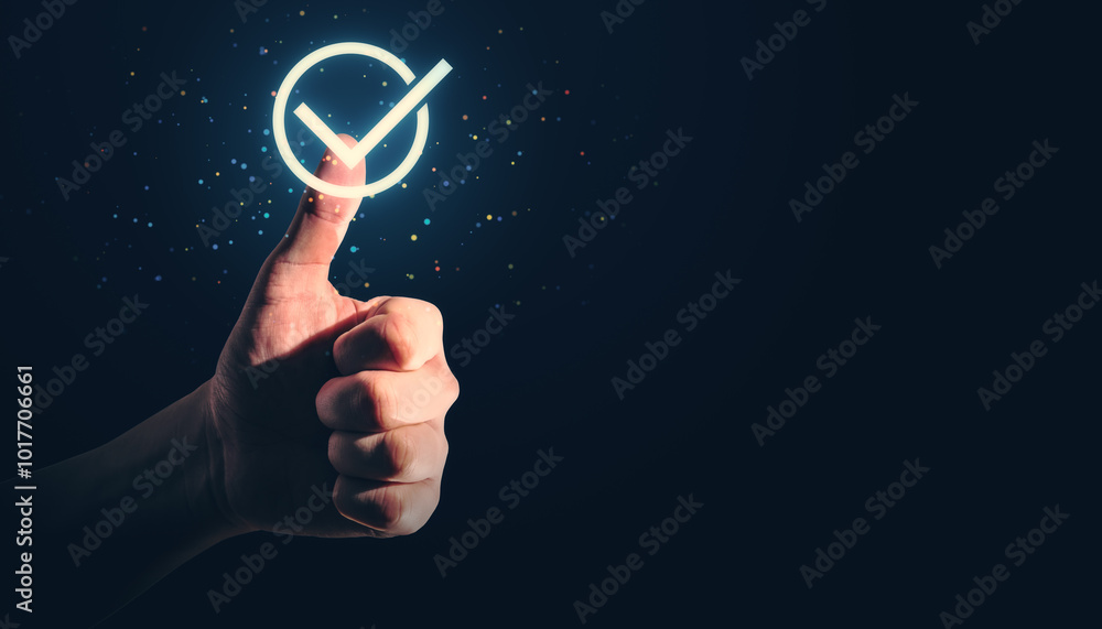 Poster thumbs up with digital guarantee checkmark on dark background with mock up place. compliance with re