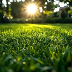 Naklejka premium Close-up view of lush green grass with the sun shining through the leaves of trees in the background.