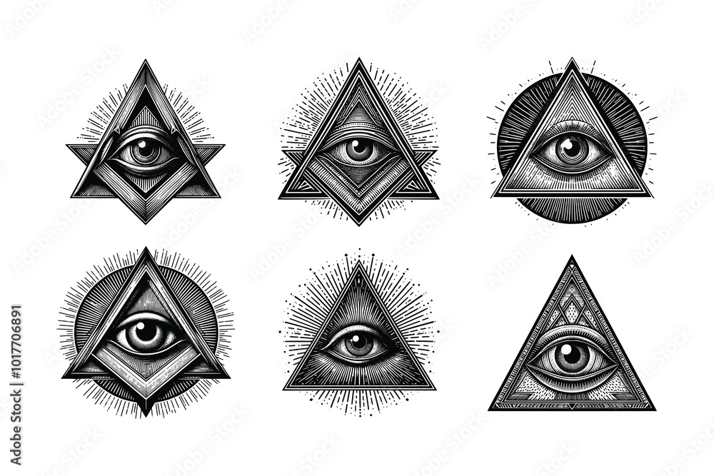 Wall mural set of hand drawn triangle eye. the eye of providence. black and white freemason illuminati symbol v