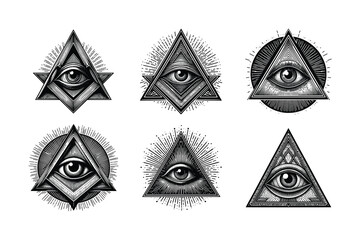 set of hand drawn triangle eye. the eye of providence. black and white freemason illuminati symbol vector illustration